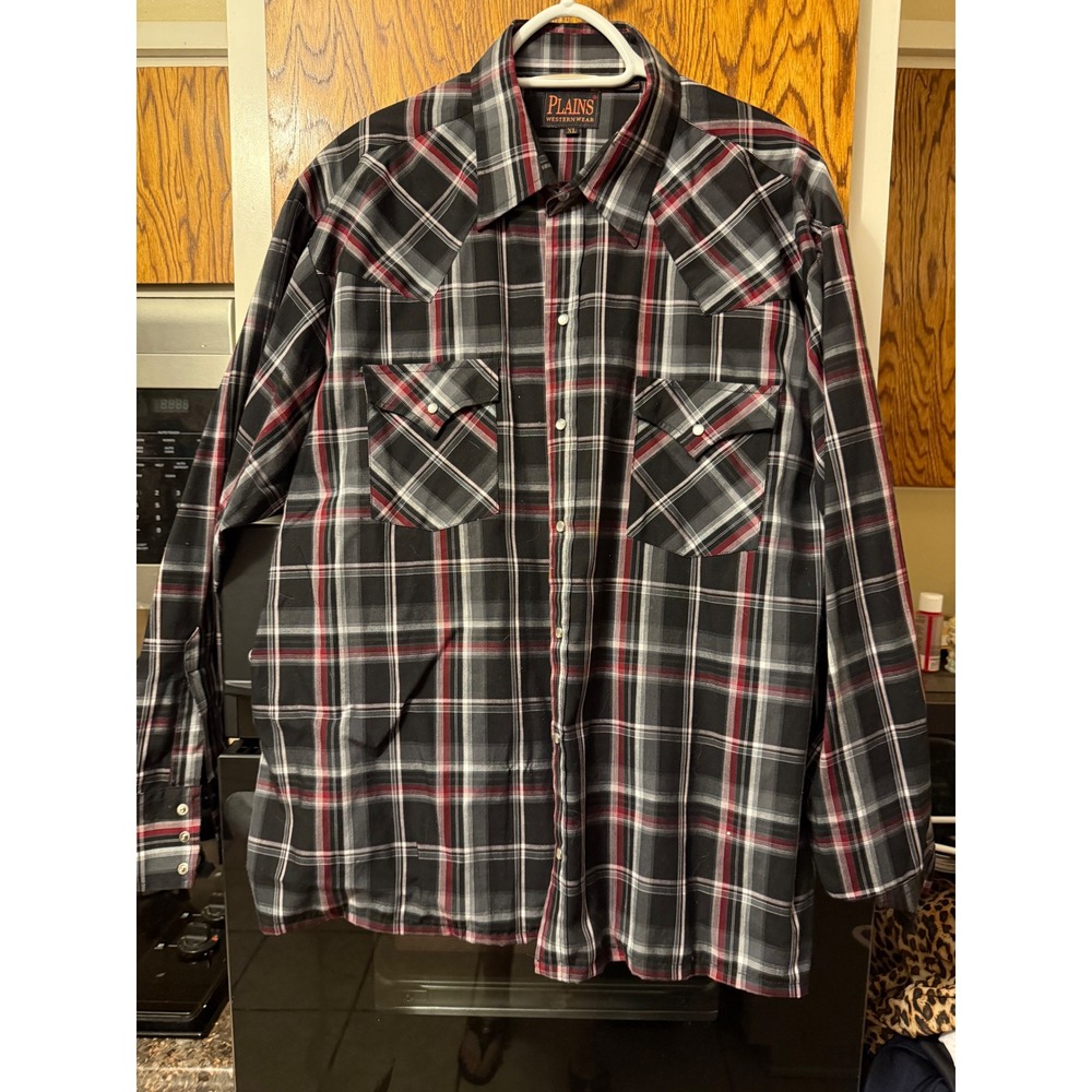 PLAINS WESTERN WEAR Mens XL‎ Black Red White Plaid Snap Front Long Sleeve Shirt
